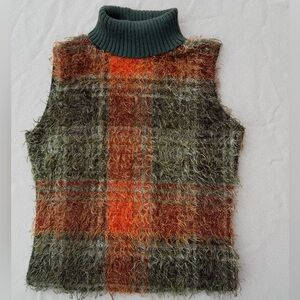 Fuzzy Plaid Turtleneck Sweater Vest Retro